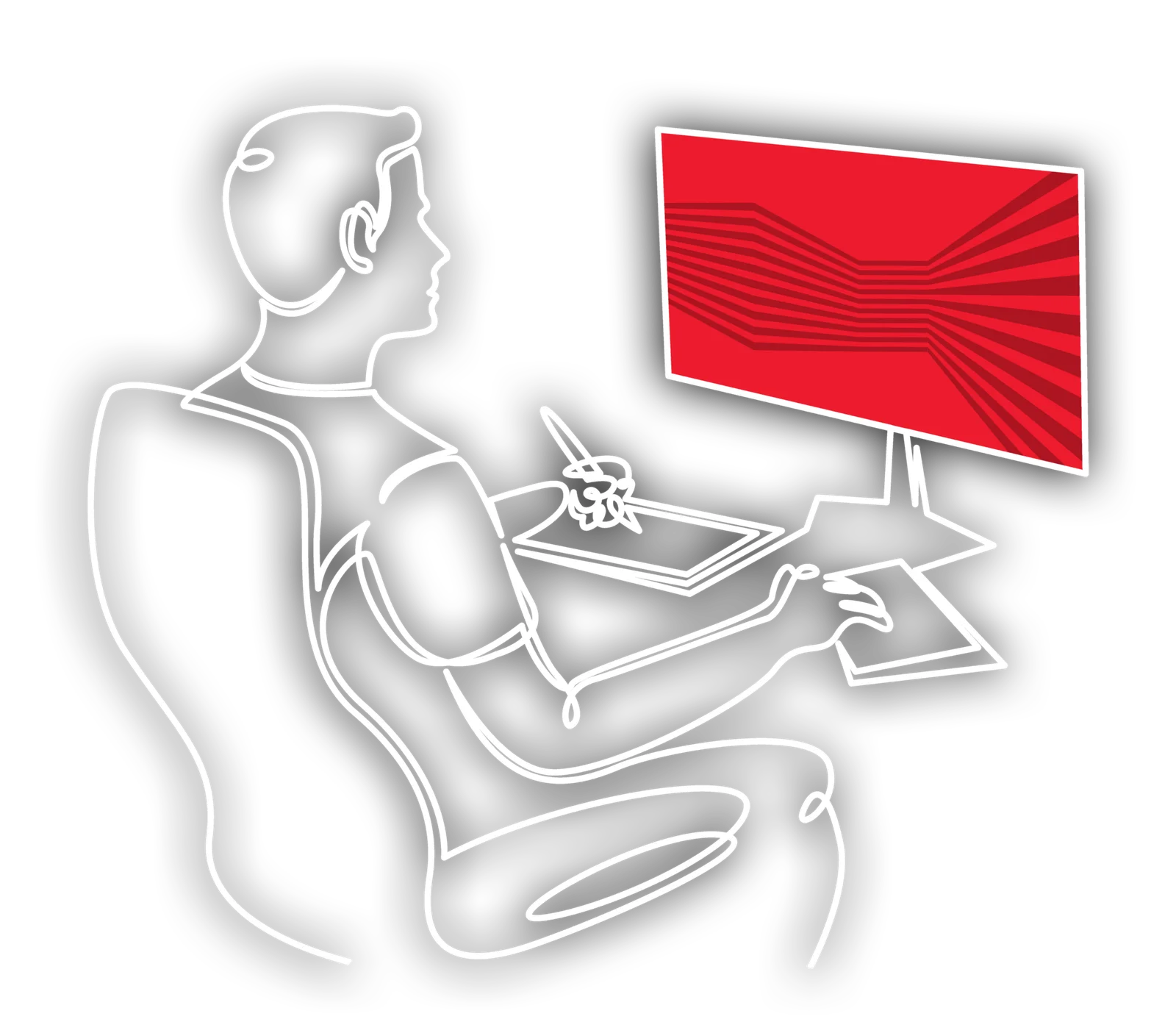 Line art of a designer working at a desk