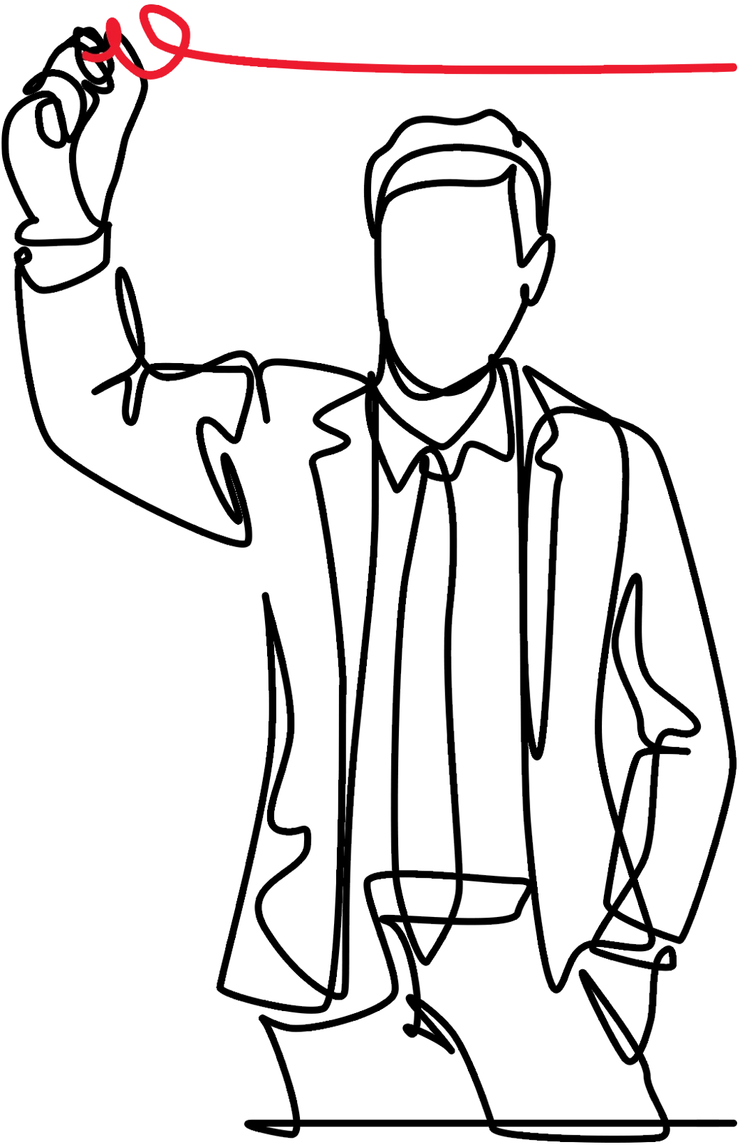 Line art of a man in a suit drawing a red line